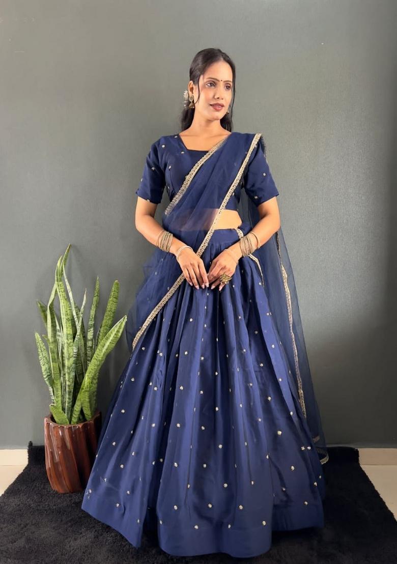 Dark Navy Blue Woven Cotton Lehenga Set - Indya