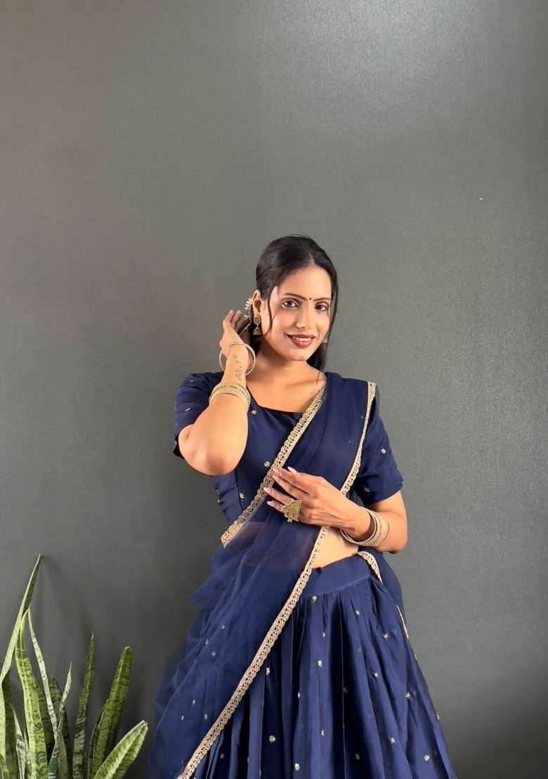 Dark Navy Blue Woven Cotton Lehenga Set for Diwali | Wedding & Festive Wear - Indya