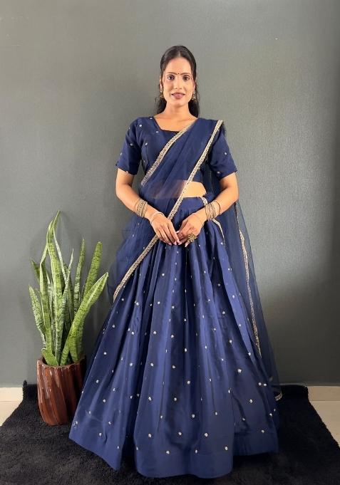 Dark Navy Blue Woven Cotton Lehenga Set