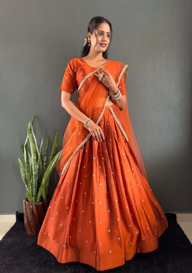 Orange Woven Cotton Lehenga Set for Diwali | Wedding & Festive Wear - Indya