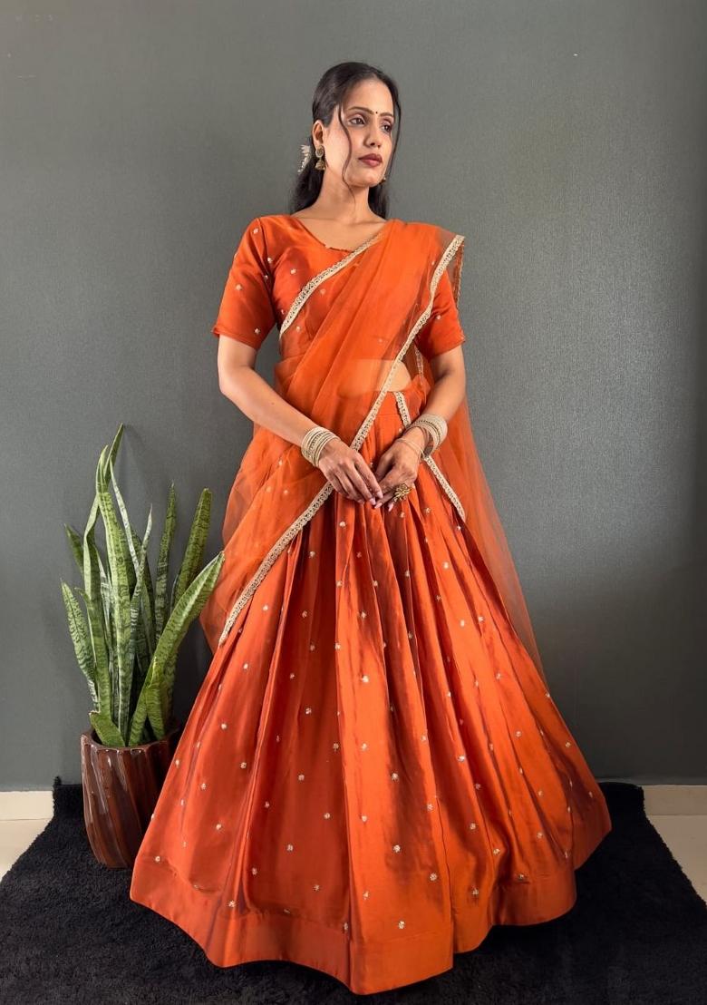 Orange Woven Cotton Lehenga Set - Indya