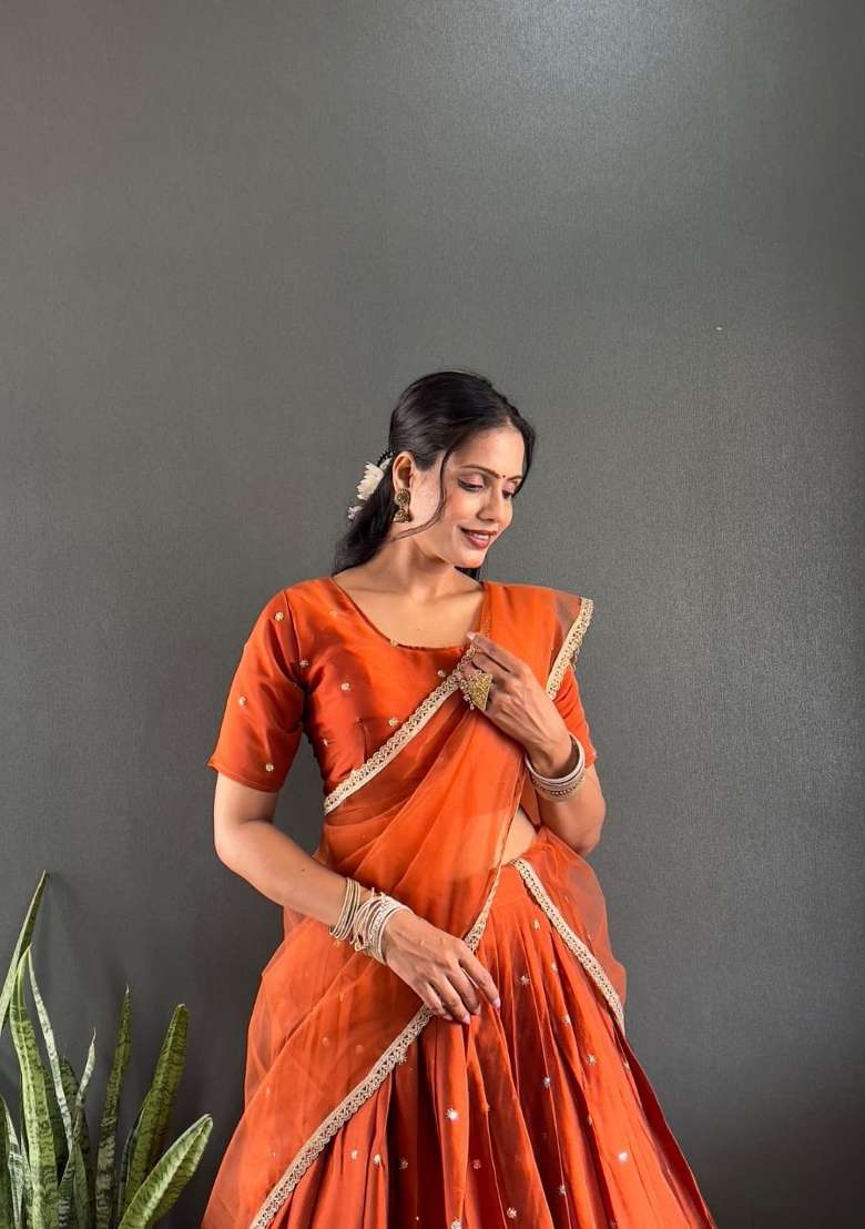 Orange Woven Cotton Lehenga Set for Diwali | Wedding & Festive Wear - Indya