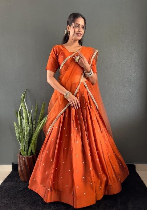 Orange Woven Cotton Lehenga Set