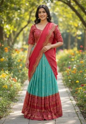 Aqua Blue Printed Silk Blend Lehenga Set