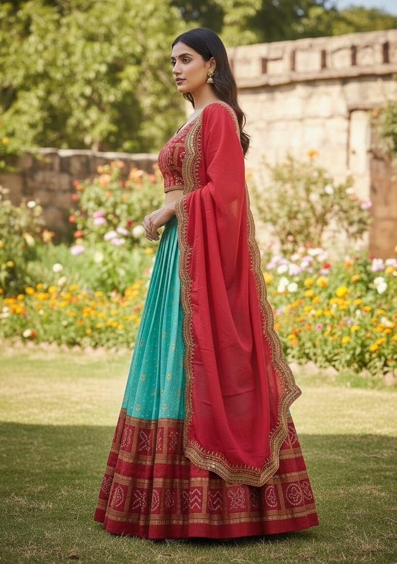 Aqua Blue Printed Silk Blend Lehenga Set - Indya