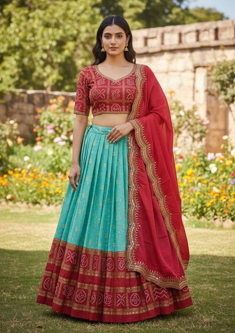 Aqua Blue Printed Silk Blend Lehenga Set for Diwali and Festive Wear - Indya