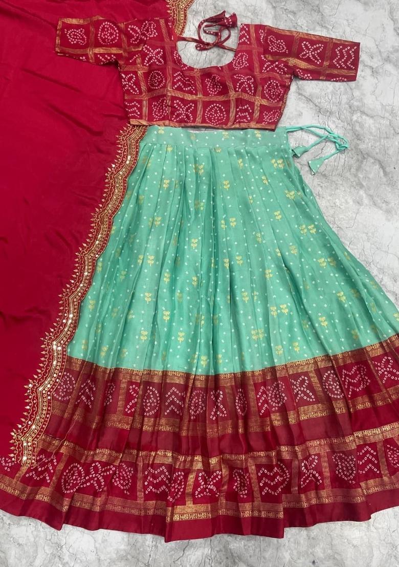 Aqua Blue Printed Silk Blend Lehenga Set - Indya