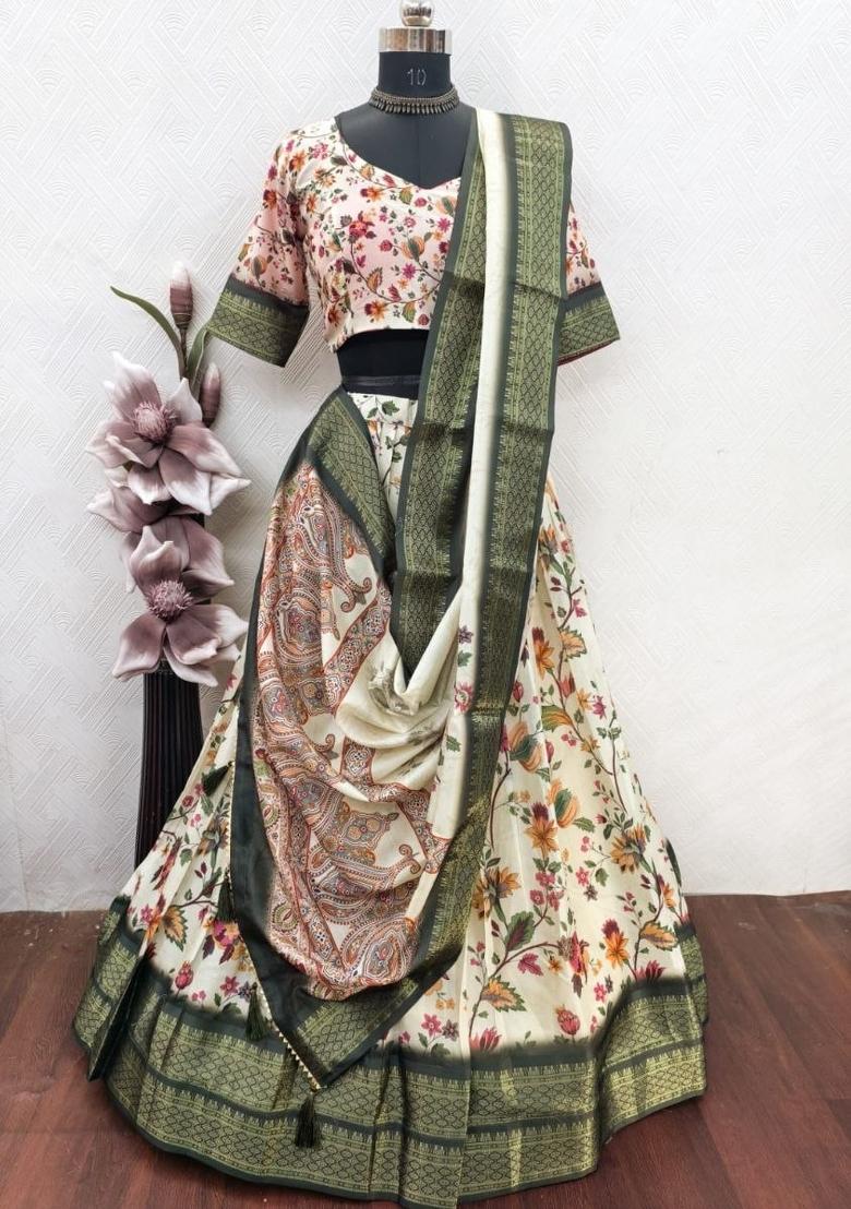 Green Plain Silk Blend Lehenga Set - Indya