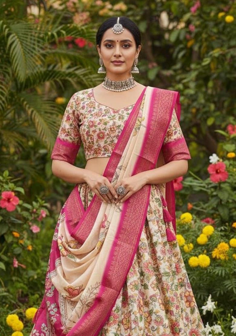 Pink Plain Silk Blend Lehenga Set - Indya