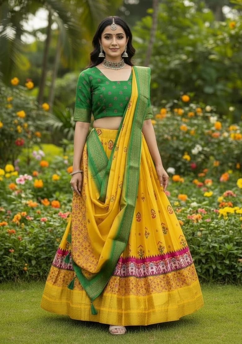 Yellow Plain Jacquard Lehenga Set - Indya