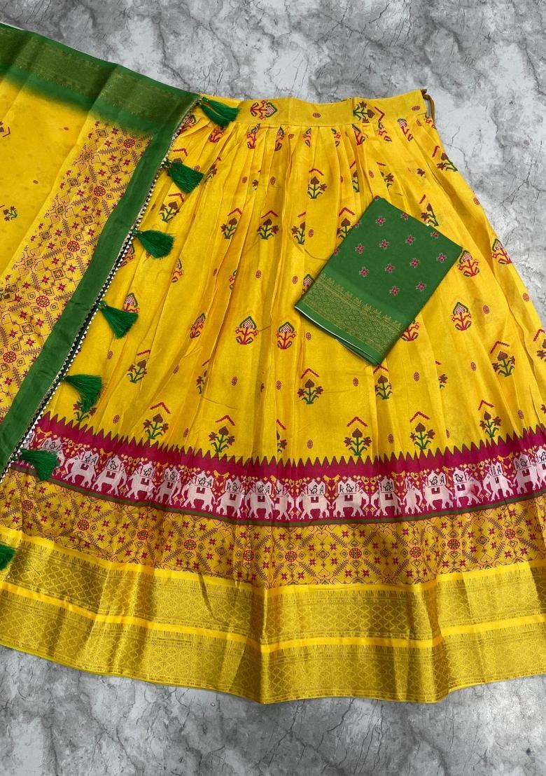 Yellow Plain Jacquard Lehenga Set - Indya