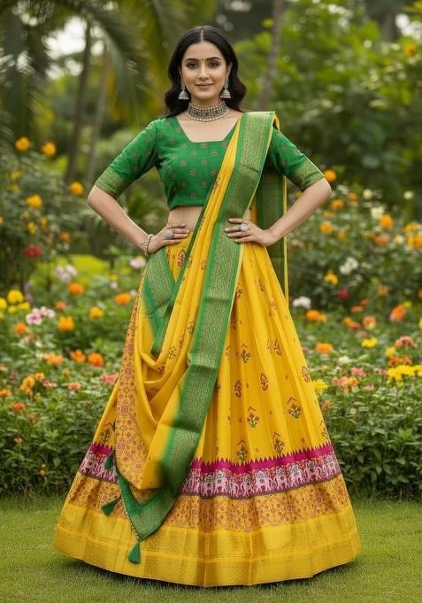Yellow Plain Jacquard Lehenga Set