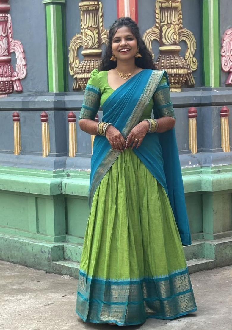 Green Plain Cotton Lehenga Set - Indya