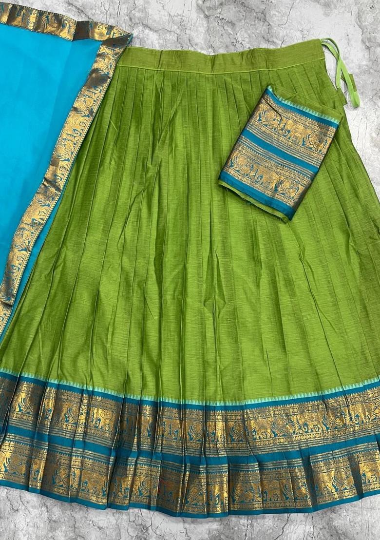 Green Plain Cotton Lehenga Set - Indya