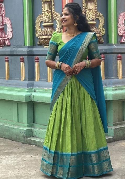 Green Plain Cotton Lehenga Set