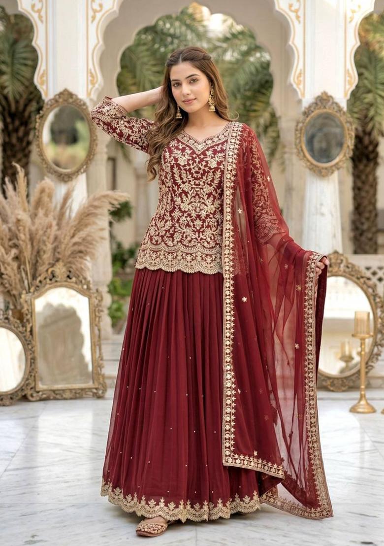 Red Embroidered Georgette Lehenga Set - Indya