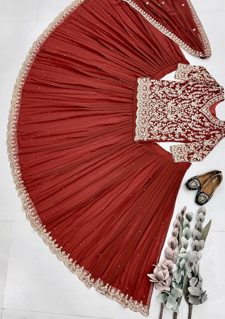 Red Embroidered Georgette Lehenga Set - Indya