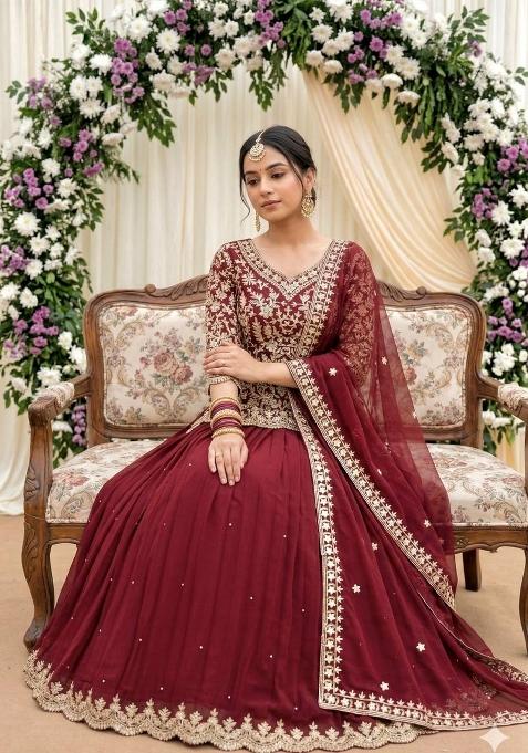 Red Embroidered Georgette Lehenga Set