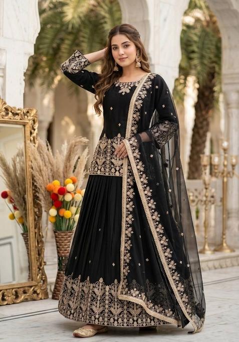 Black Embroidered Silk Lehenga Set
