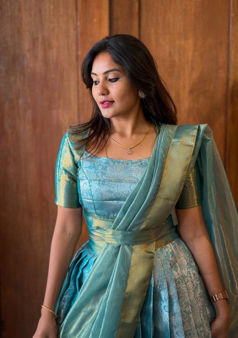 Sky Blue Woven Silk Blend Lehenga Set - Indya