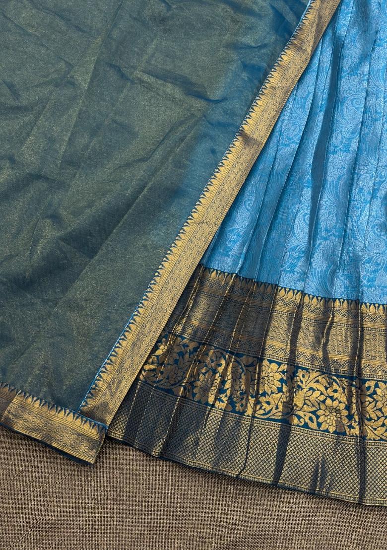 Sky Blue Woven Silk Blend Lehenga Set - Indya