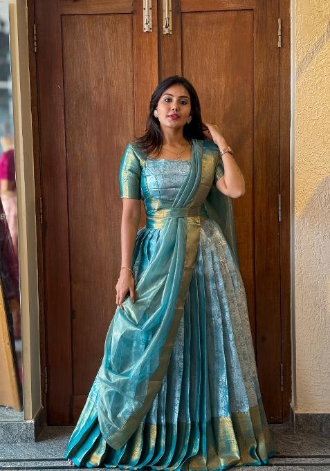 Sky Blue Woven Silk Blend Lehenga Set