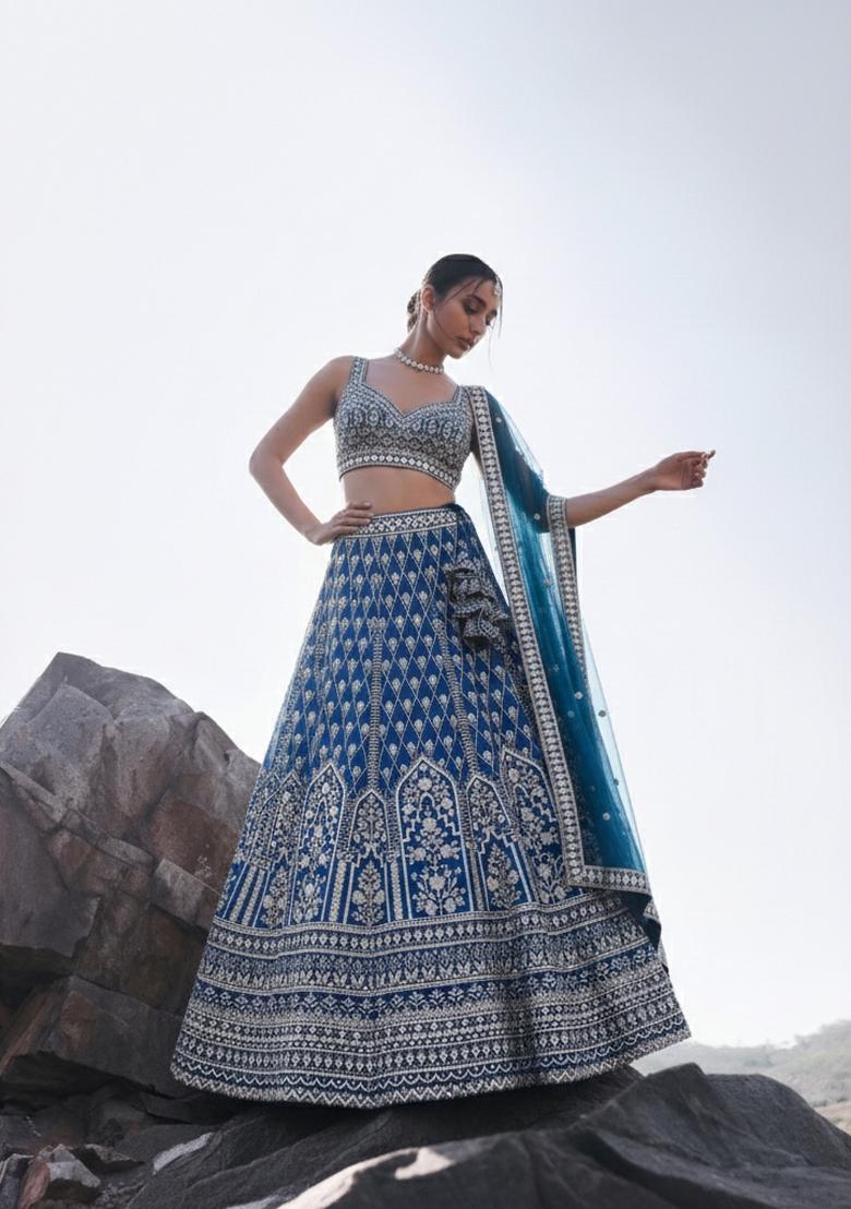 Light Navy Sequin Work Georgette Lehenga Set - Indya