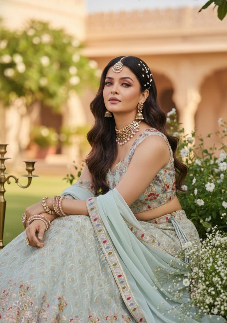 Teal Blue Sequin Work Georgette Lehenga Set - Indya