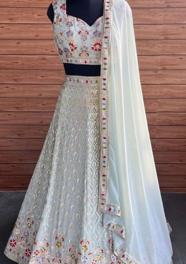 Teal Blue Work Georgette Lehenga Set with Sequin for Diwali | Wedding & Festive Wear - Indya