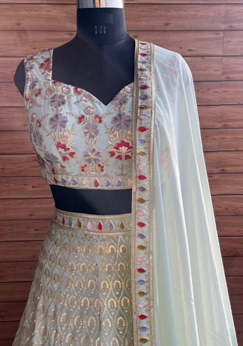 Teal Blue Sequin Work Georgette Lehenga Set - Indya