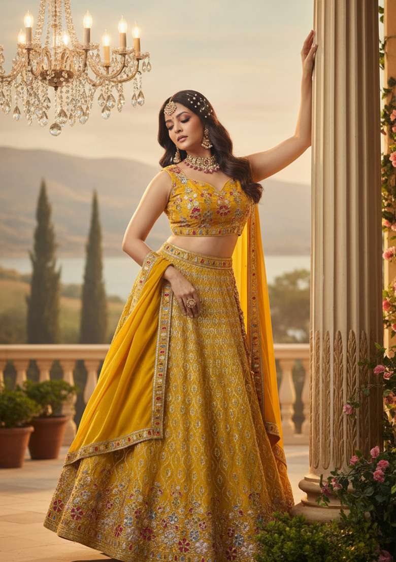 Yellow Sequin Work Georgette Lehenga Set for Diwali and Festive Wear - Indya