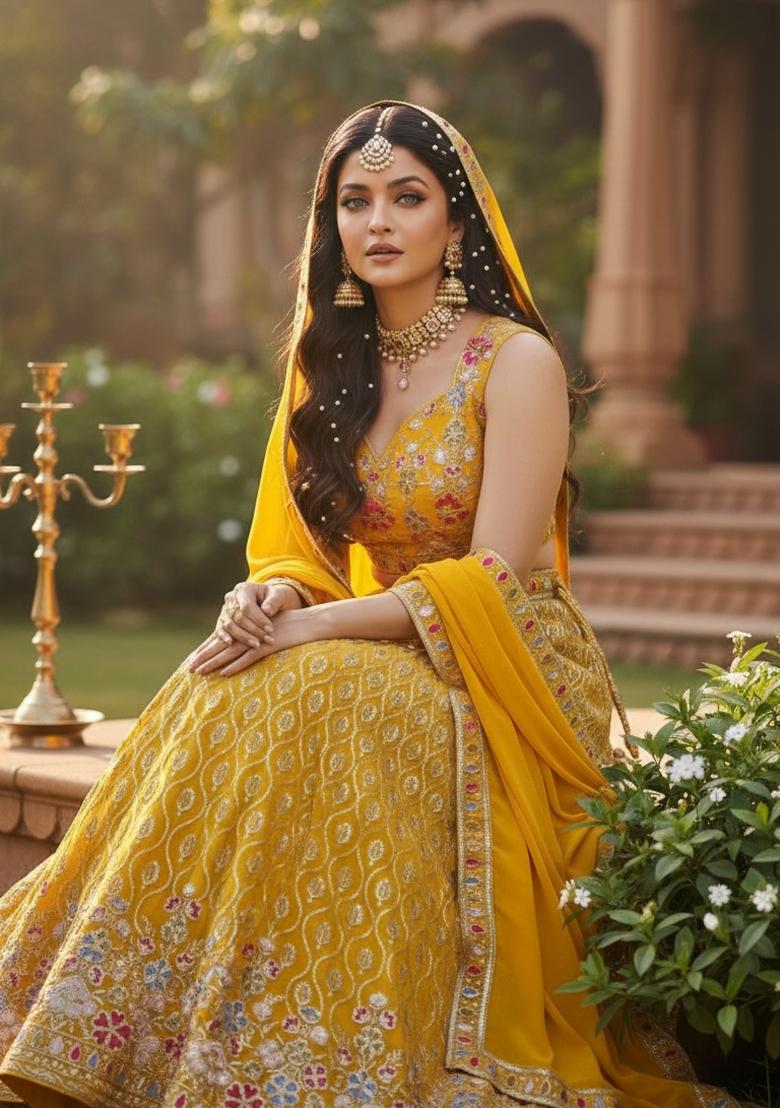 Yellow Sequin Work Georgette Lehenga Set - Indya