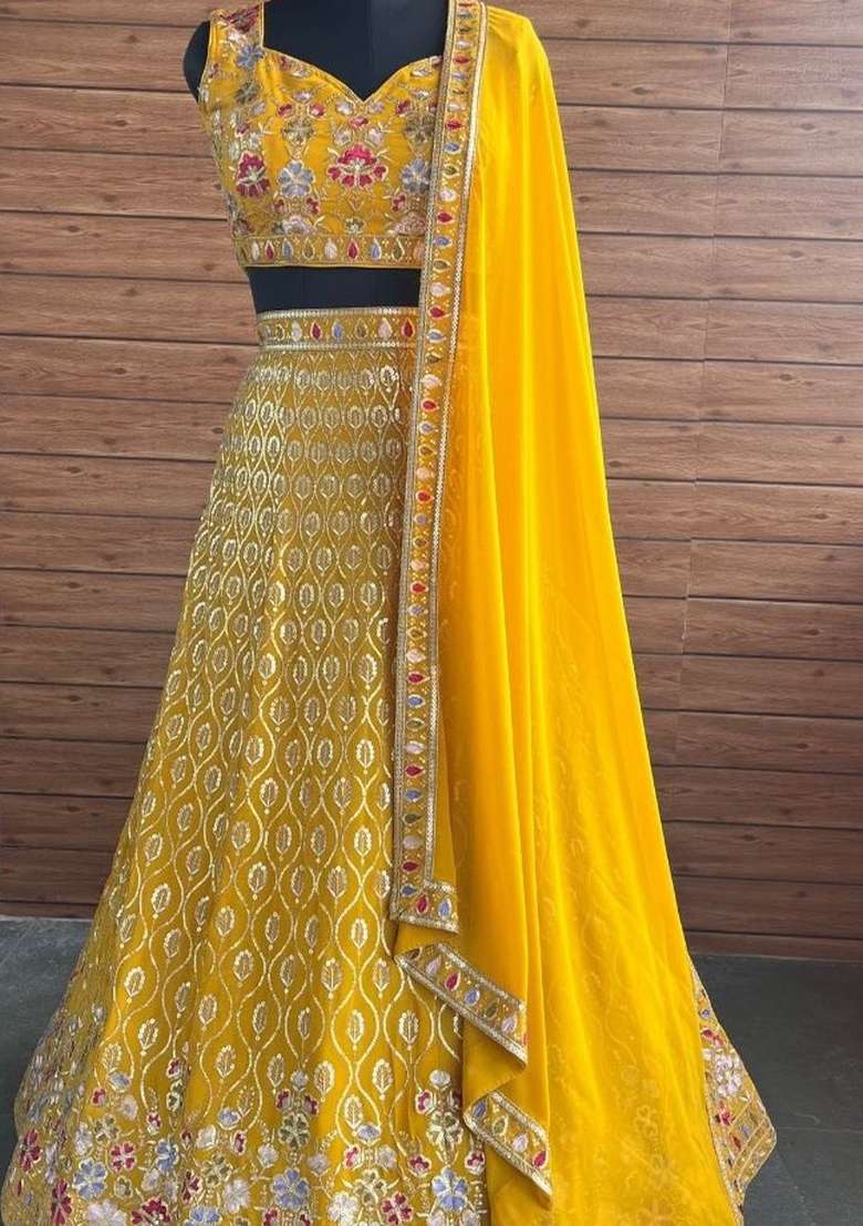 Yellow Sequin Work Georgette Lehenga Set for Diwali and Festive Wear - Indya