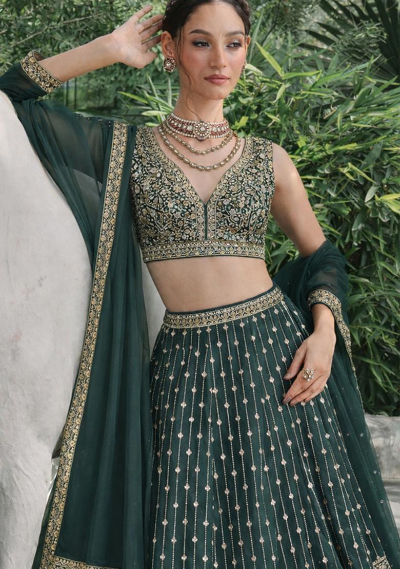 Light Green Sequin Work Georgette Lehenga Set - Indya