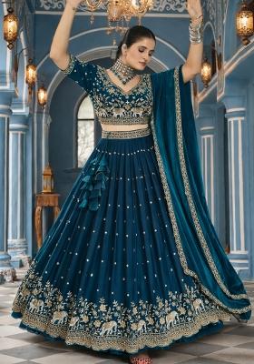 Morpeach Sequin Work Vichitra Lehenga Set