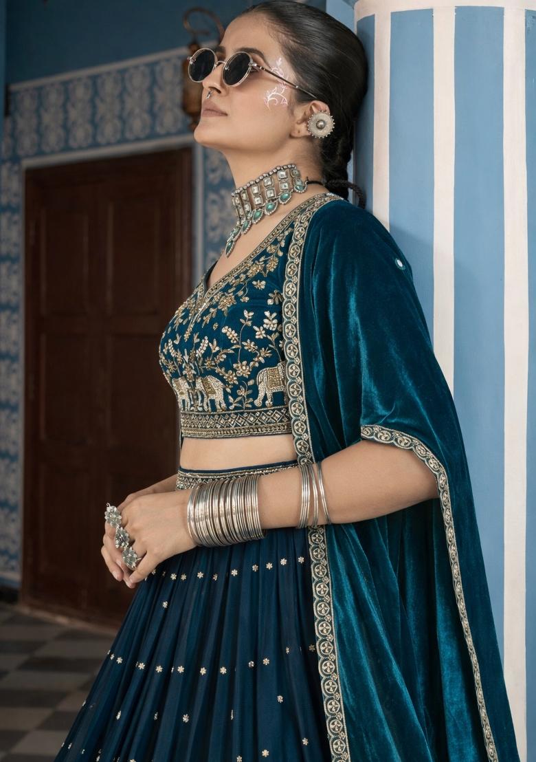Morpeach Sequin Work Vichitra Lehenga Set - Indya