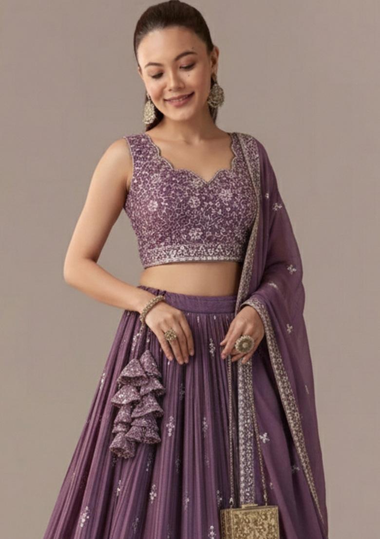 Rose Brown Sequin Work Georgette Lehenga Set - Indya