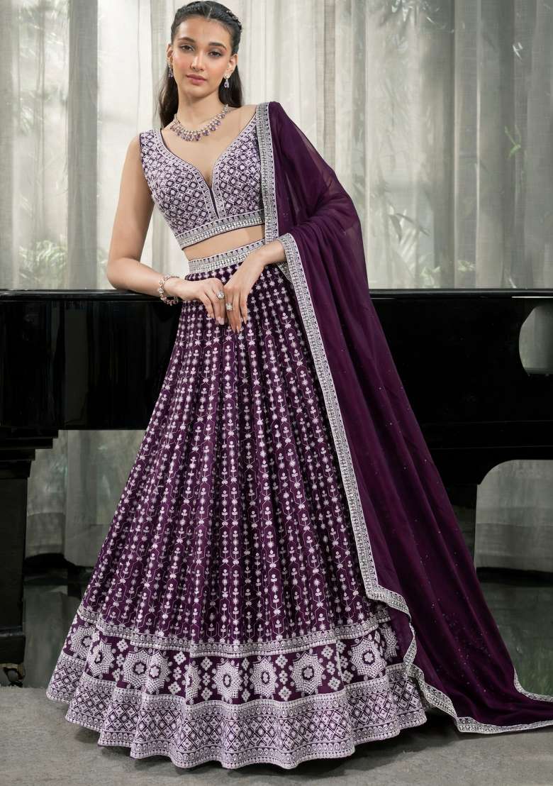 Purple Work Georgette Lehenga Set with Sequin for Diwali | Wedding & Festive Wear - Indya