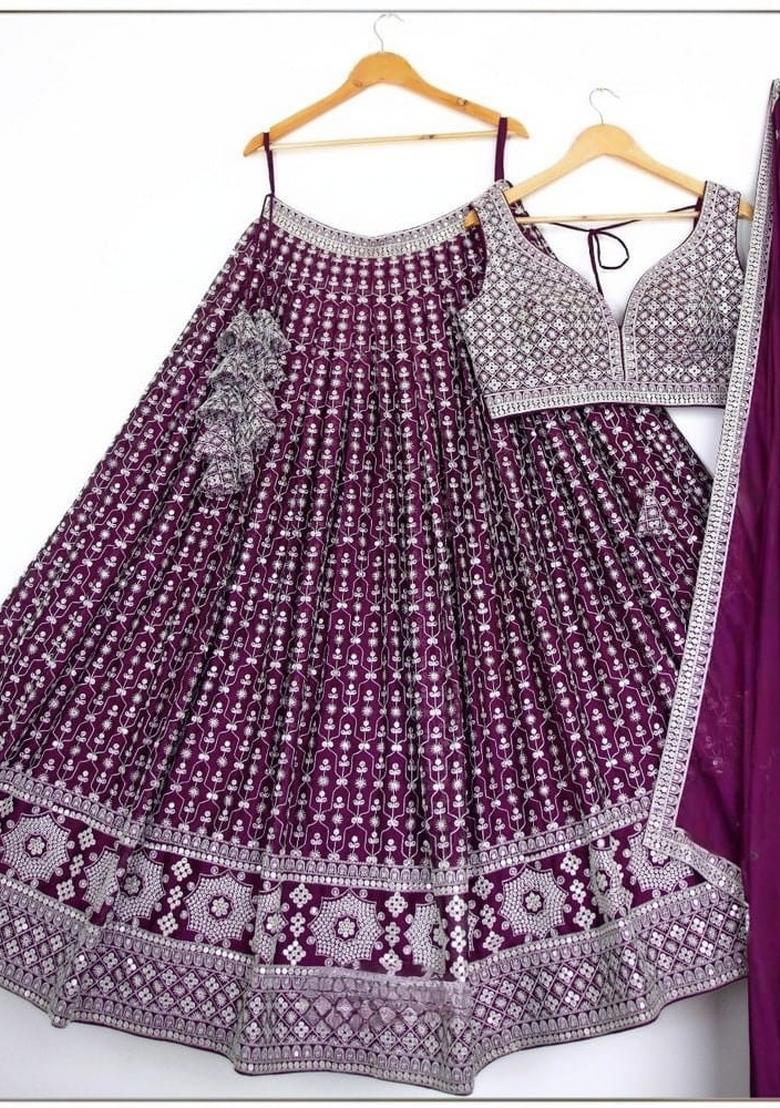 Purple Sequin Work Georgette Lehenga Set - Indya