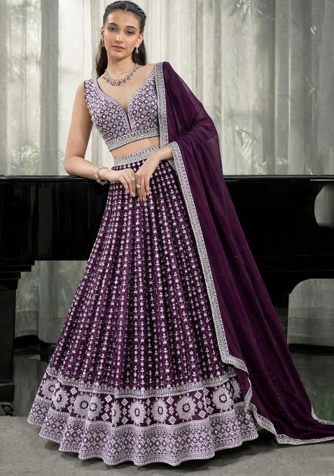 Purple Sequin Work Georgette Lehenga Set