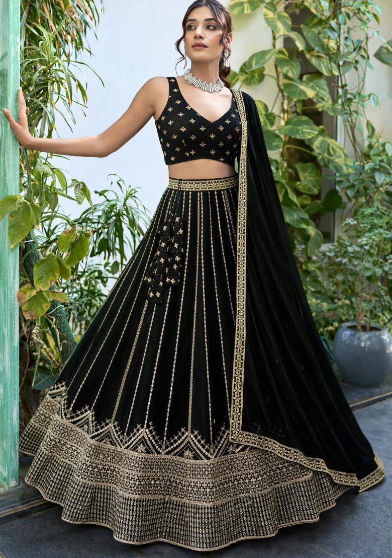 Black Sequin Work Georgette Lehenga Set - Indya