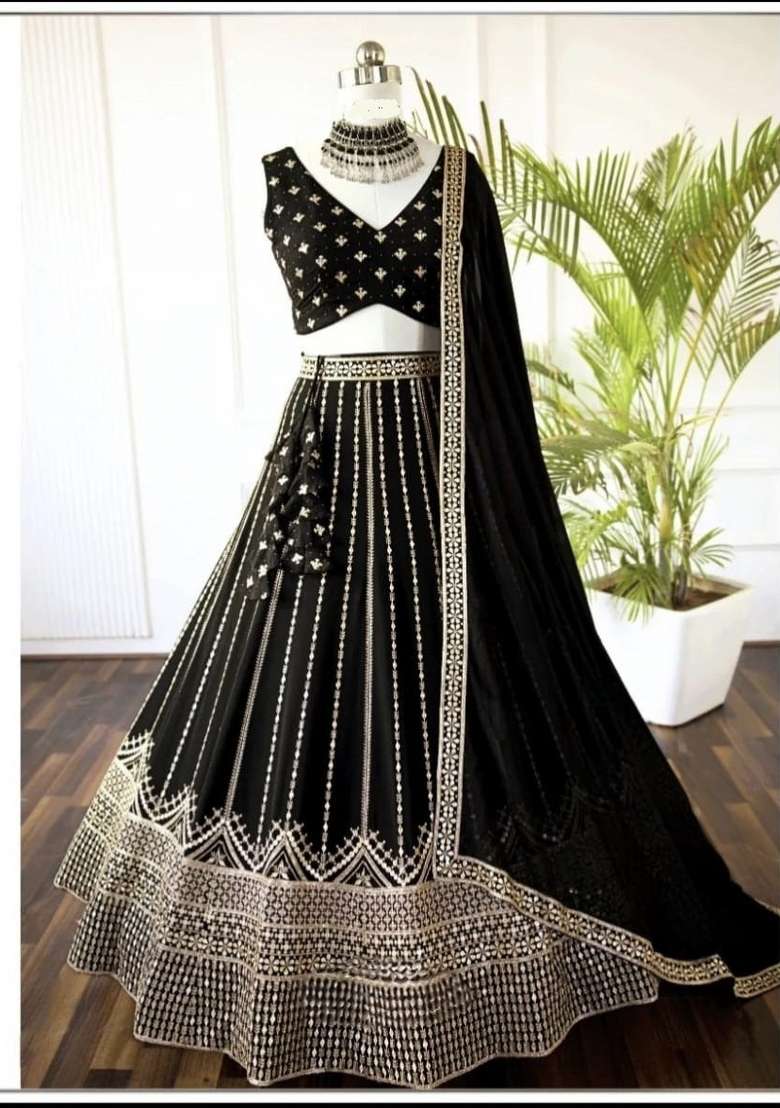 Black Sequin Work Georgette Lehenga Set for Diwali and Festive Wear - Indya