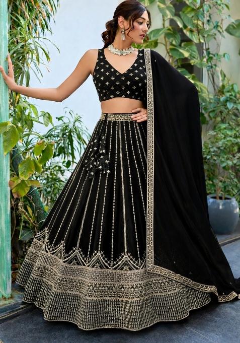 Black Sequin Work Georgette Lehenga Set