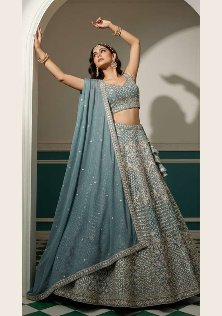 Blue Work Georgette Lehenga Set with Sequin for Diwali | Wedding & Festive Wear - Indya