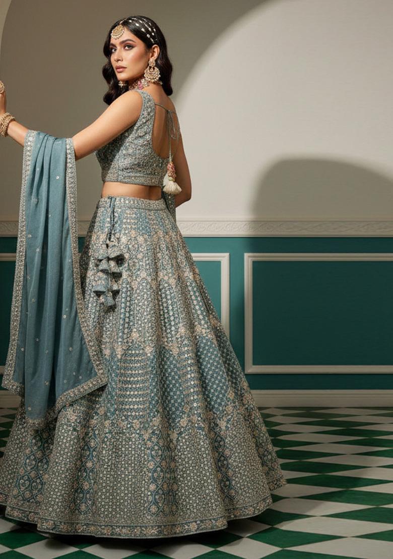 Blue Sequin Work Georgette Lehenga Set - Indya
