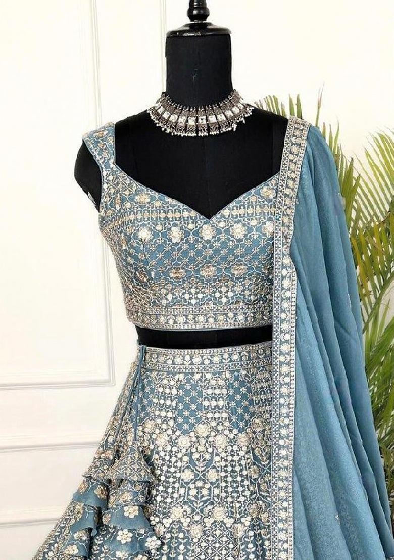 Blue Sequin Work Georgette Lehenga Set - Indya