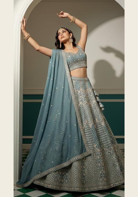 Blue Sequin Work Georgette Lehenga Set
