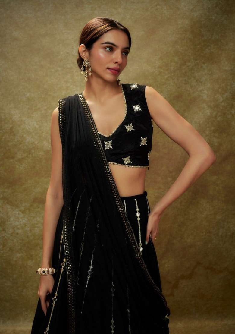 Black Work Georgette Lehenga Set with Sequin for Diwali | Wedding & Festive Wear - Indya