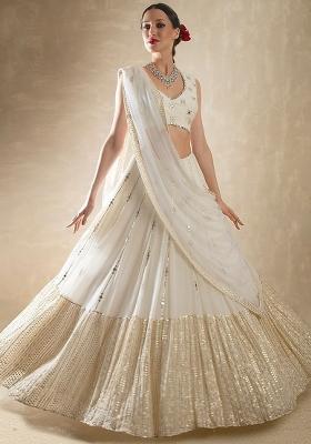 Off White Sequin Work Georgette Lehenga Set