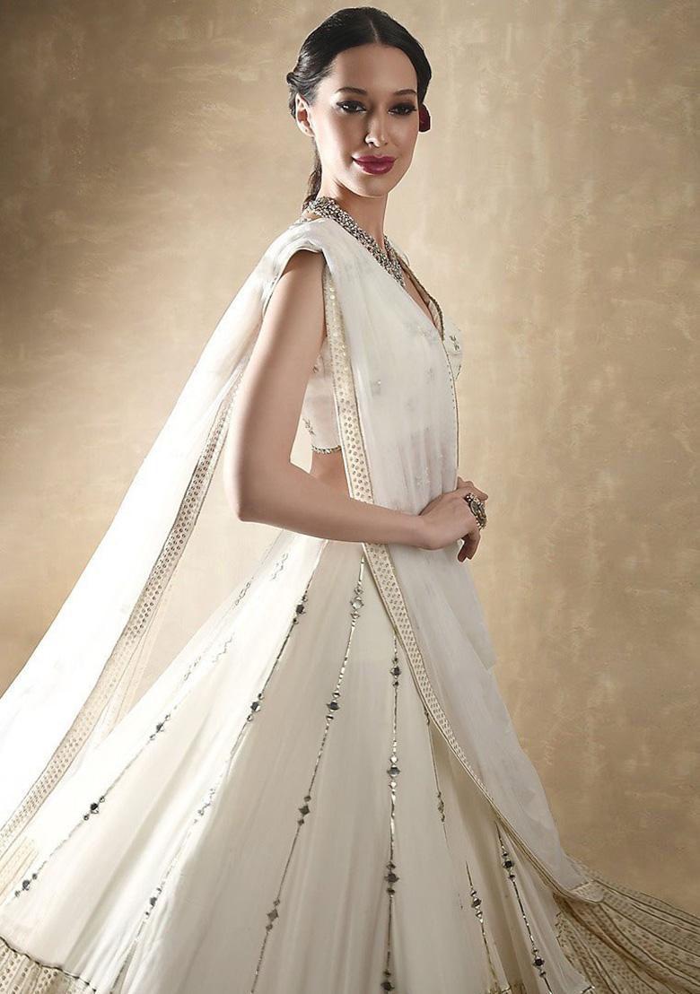 Off White Sequin Work Georgette Lehenga Set - Indya